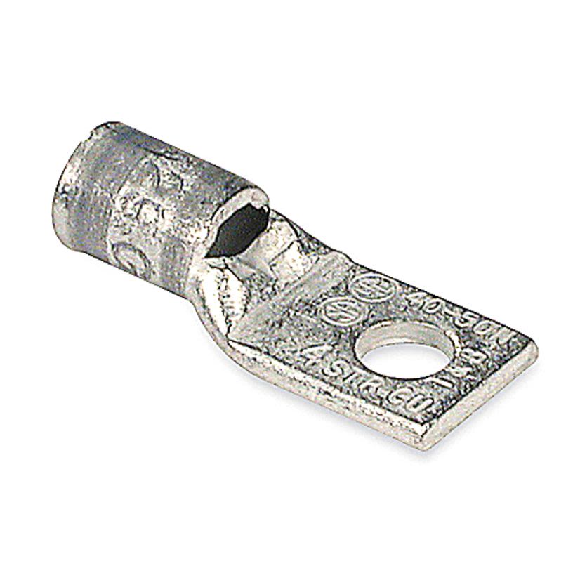 Color-Keyed 54139 54100 1-Hole Non-Insulated Compression Lug With Peep Hole, 4 AWG Copper Conductor, Die Code: 29, 5/16 in Stud, Copper